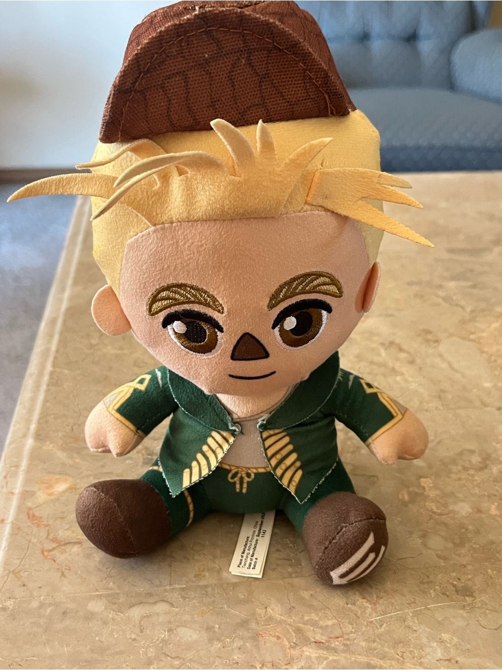Plush Character Doll in Green and Brown with Blonde Hair